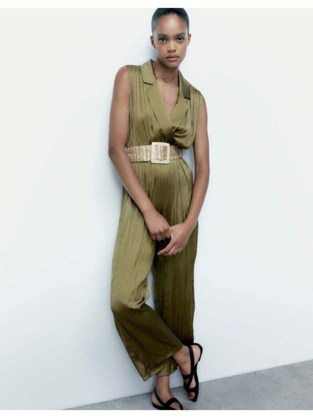 NWT Zara Satin Effect Jumpsuit With Belt in Olive Green